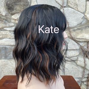 Human blend black brown wig wavy medium length wig